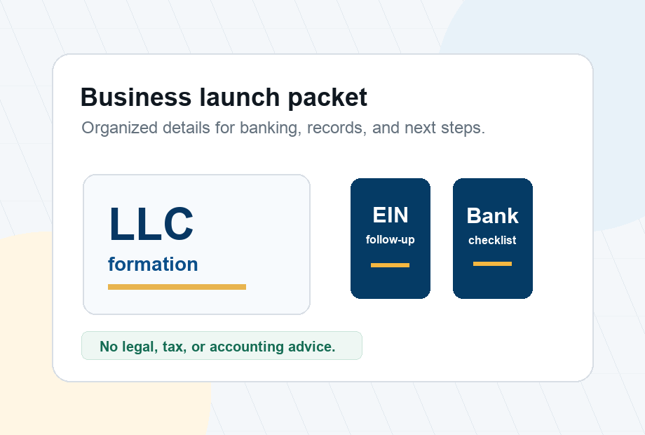 Business launch packet preview for LLC formation and banking checklist