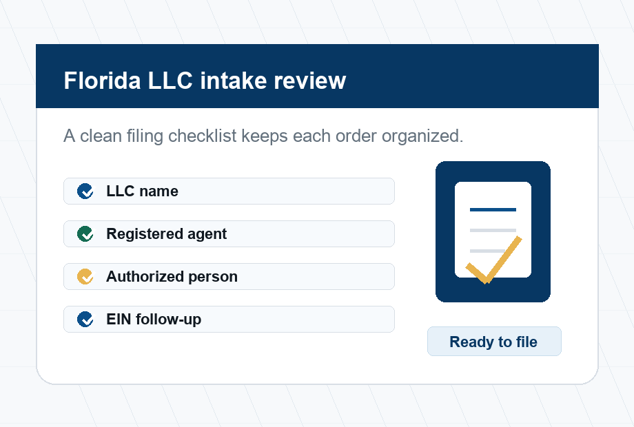 Florida LLC intake checklist with filing workflow steps